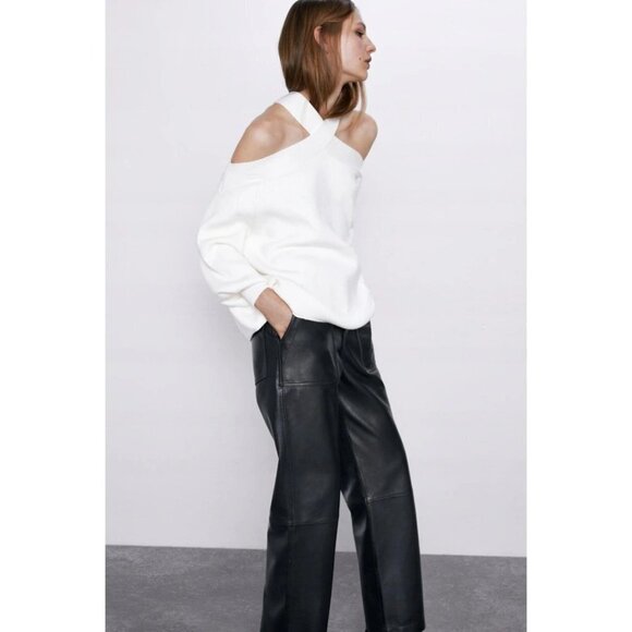 EUC Zara off-white ecru crossover strap exposed shoulder sweater, S - Picture 3 of 11